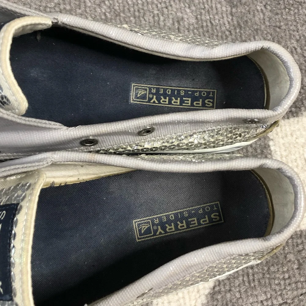 Sperry Loafers Womens 8.5 Topsider Silver Sequin Lace Up Shoes